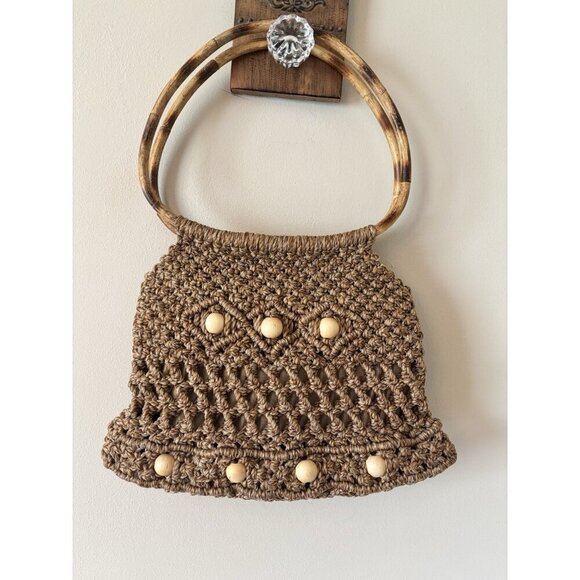 Vintage Macrame Purse Jute Crochet Double Circle Bamboo Handles Boho - Picture 1 of 5